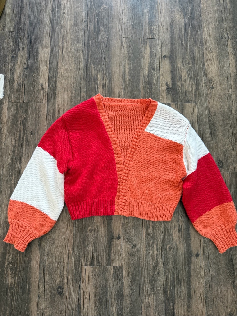 Colorblock Cropped Knit Open Cardigan V Neck Red, Orange White Casual Boho XS - Picture 5 of 11